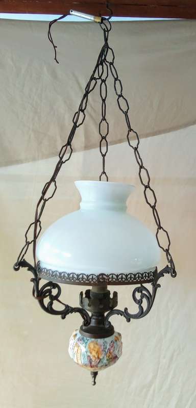 Lovely vintage ceiling light with porcelain base and milk glass shade