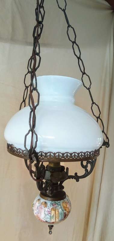 Lovely vintage ceiling light with porcelain base and milk glass shade