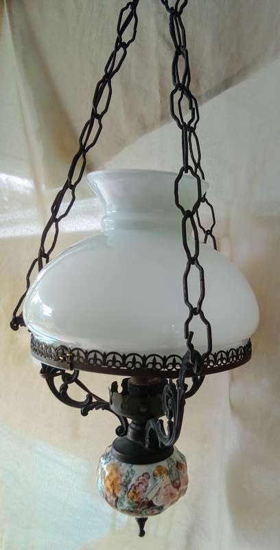 Lovely vintage ceiling light with porcelain base and milk glass shade