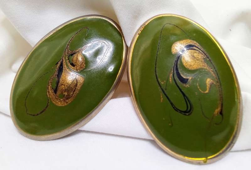 Freaky funky large vintage clip on enamel earrings