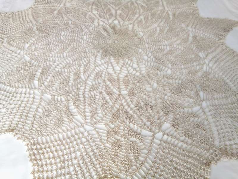 Lovely beige vintage hand crocheted round table cloth - 110cms across