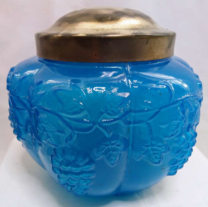 Beautiful vintage blue glass bowl with metal oid
