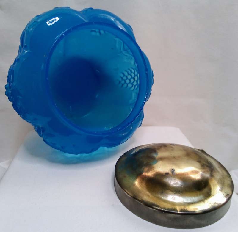 Beautiful vintage blue glass bowl with metal oid