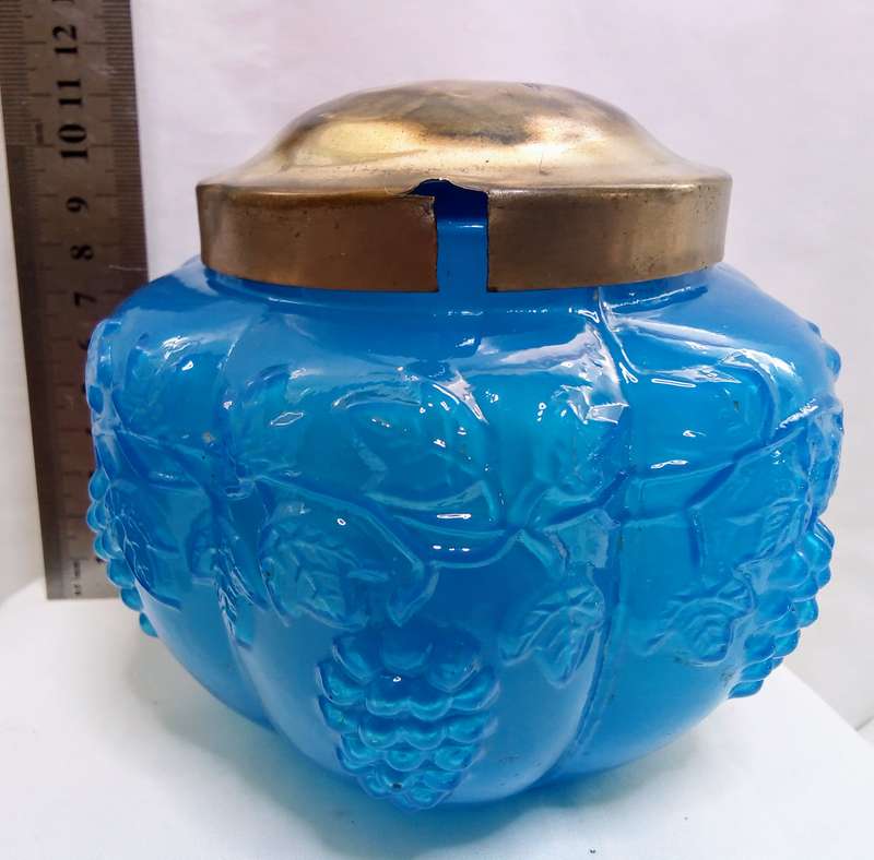 Beautiful vintage blue glass bowl with metal oid