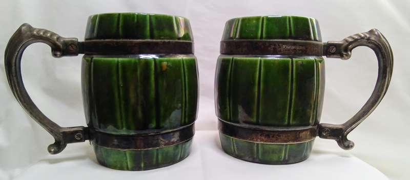 Two Vintage Seranco ceramic beer mugs bound with Silver Plated bands & handle