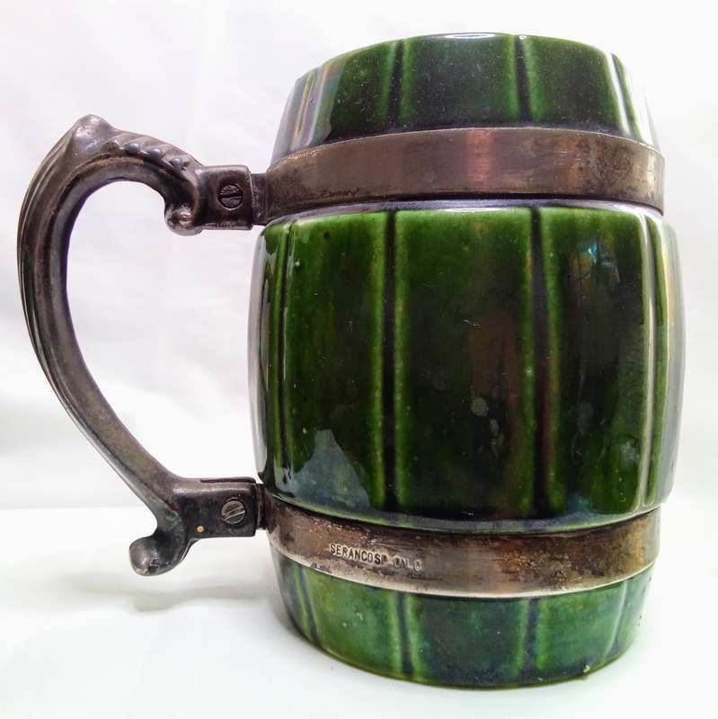 Two Vintage Seranco ceramic beer mugs bound with Silver Plated bands & handle