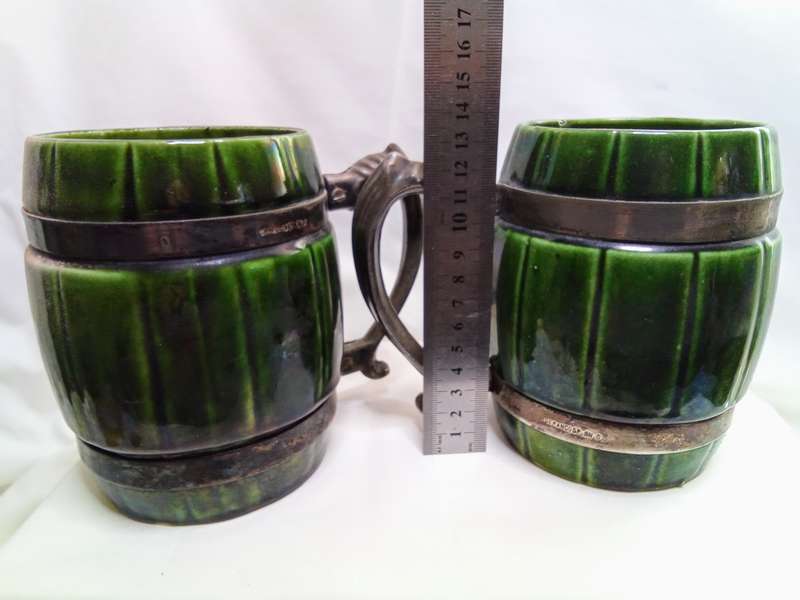 Two Vintage Seranco ceramic beer mugs bound with Silver Plated bands & handle