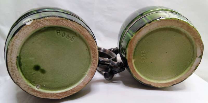 Two Vintage Seranco ceramic beer mugs bound with Silver Plated bands & handle