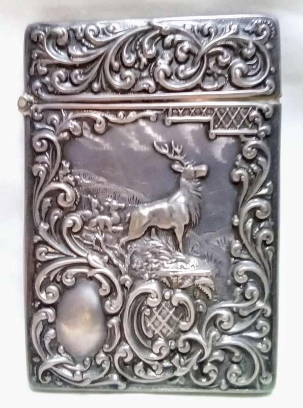 Magnificent Edwardian Silver Stag Card Case William J Holmes Birmingham 1903
