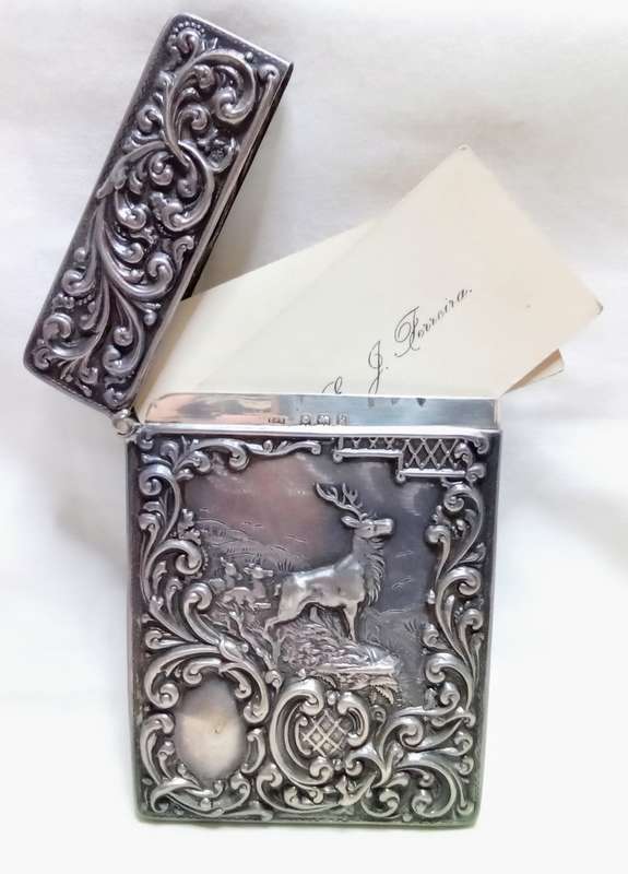 Magnificent Edwardian Silver Stag Card Case William J Holmes Birmingham 1903
