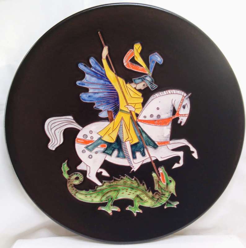Magnificent vintage Karlsrühe enameled wall plaque - St. George slaying the dragon