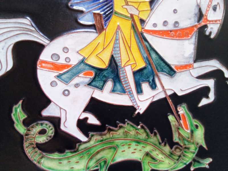 Magnificent vintage Karlsrühe enameled wall plaque - St. George slaying the dragon
