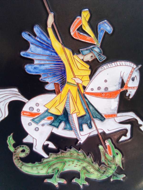 Magnificent vintage Karlsrühe enameled wall plaque - St. George slaying the dragon