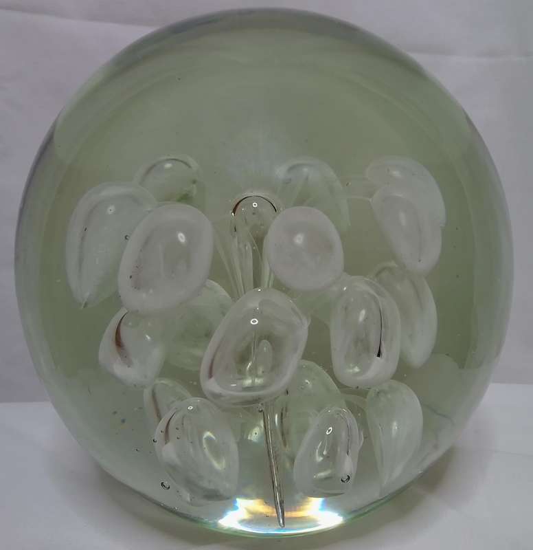Huge vintage clear art glass paperweight with abstract flower