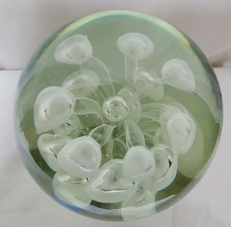 Huge vintage clear art glass paperweight with abstract flower