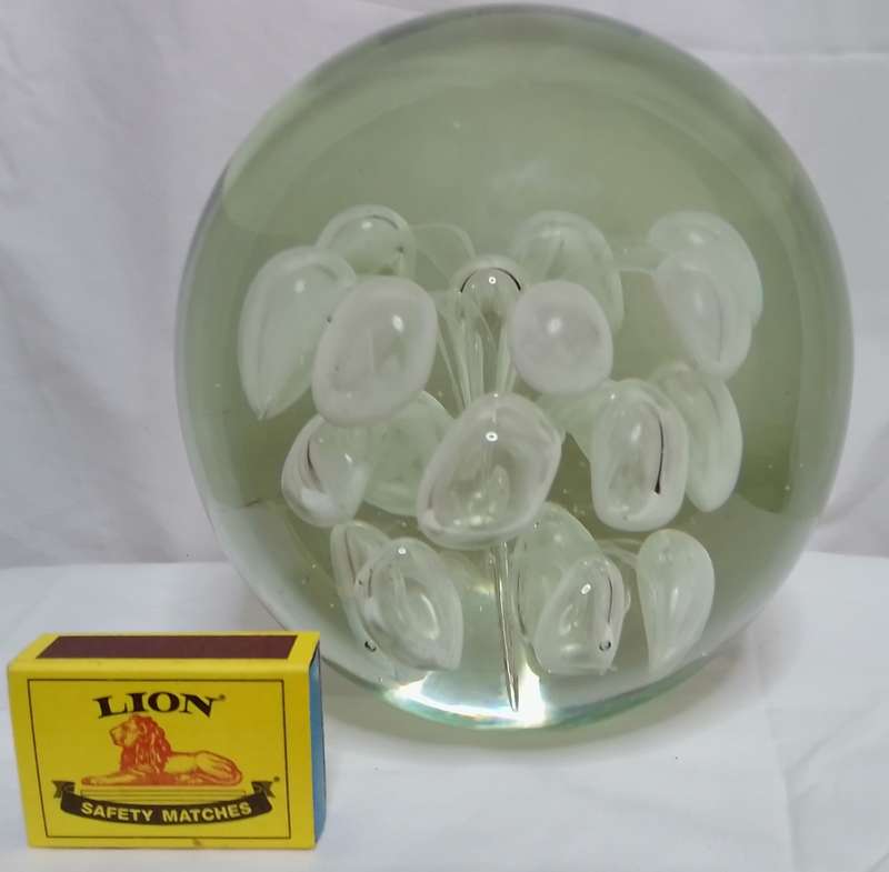 Huge vintage clear art glass paperweight with abstract flower