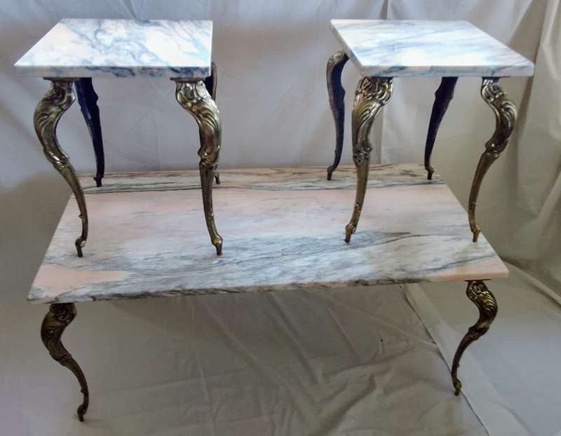 Stunning vintage set of solid brass and marble tables