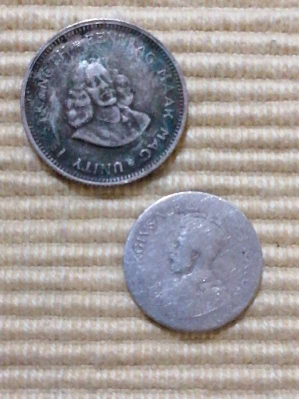 South Africa 5 cents 1963 & 1929 George V South African Silver Threepence