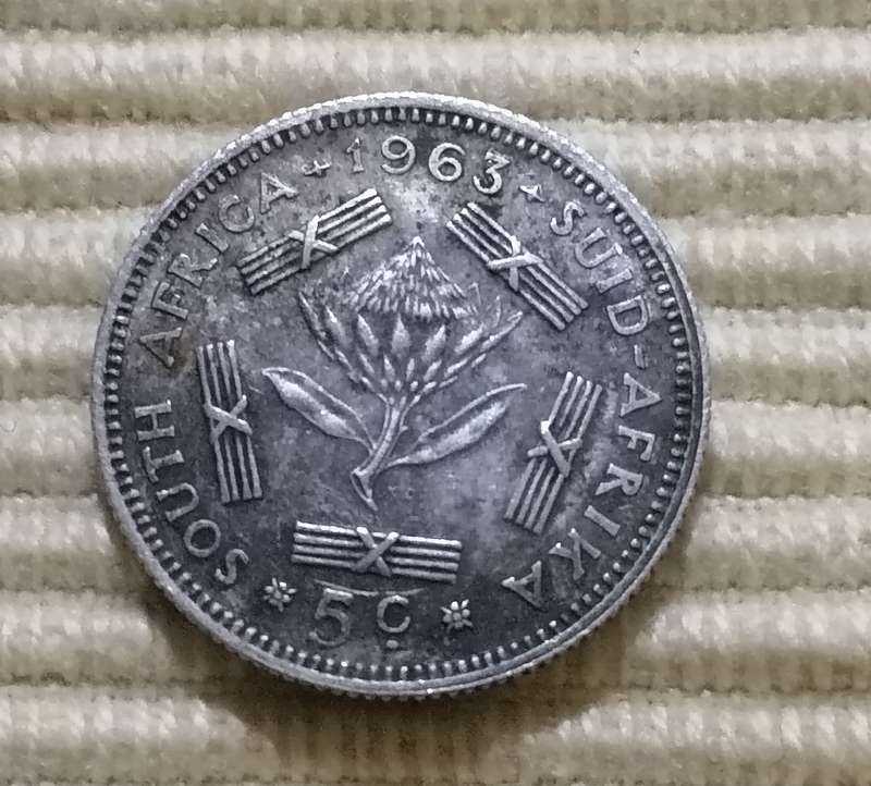 South Africa 5 cents 1963 & 1929 George V South African Silver Threepence