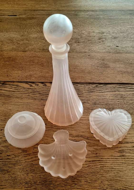 Beautiful Romantic Vintage Frosted Pink Glass Vanity Collection