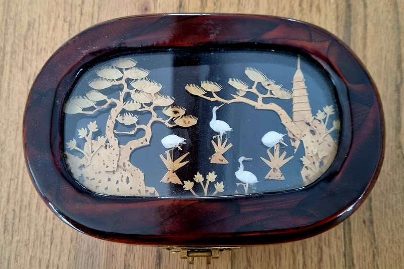 Oriental Chinese Cork Craved Silk Brass Jewelry Box
