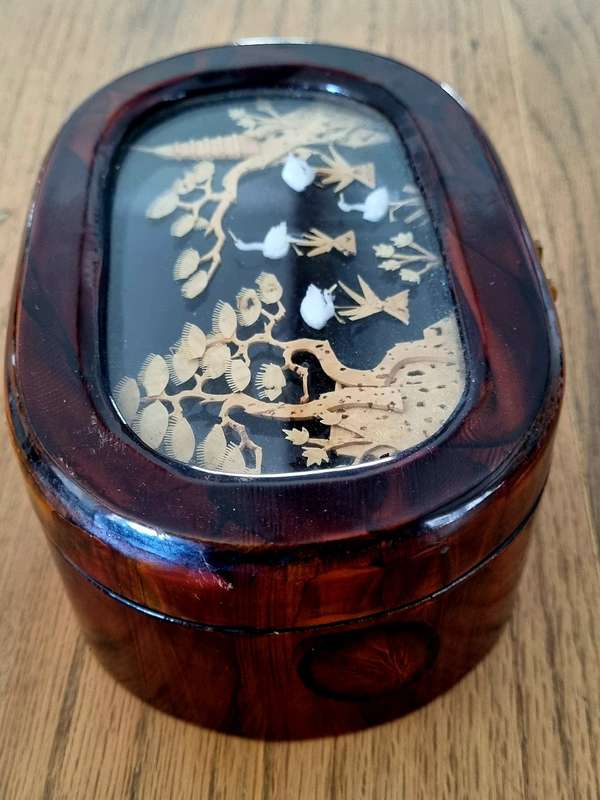 Oriental Chinese Cork Craved Silk Brass Jewelry Box