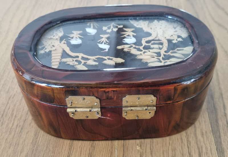 Oriental Chinese Cork Craved Silk Brass Jewelry Box