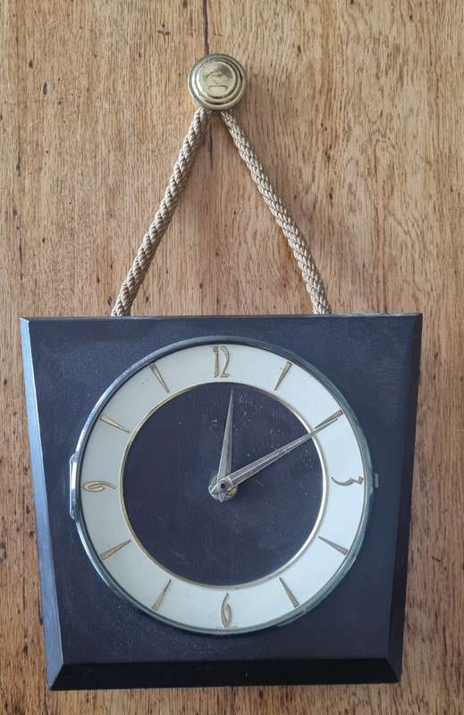 DIEHL, Brass and Wood Mid Century  Wall Clock with Rope (Made in Germany.