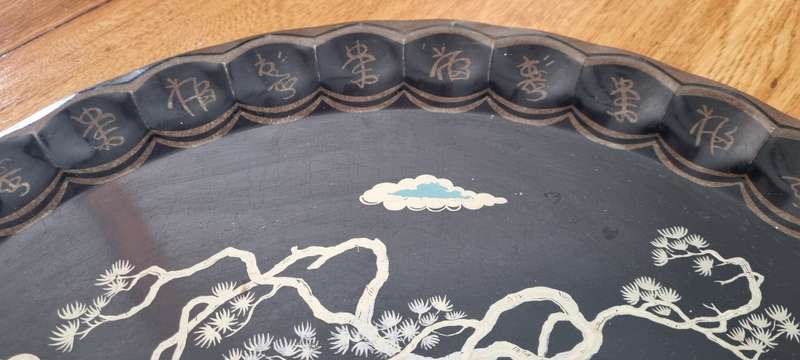 1960s Retro Large Handpainted Serving Black Enamel Japanese Design English Cathay Baret Ware