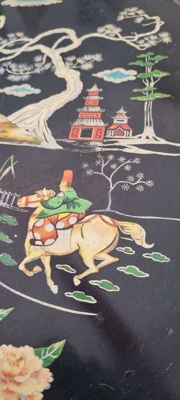 1960s Retro Large Handpainted Serving Black Enamel Japanese Design English Cathay Baret Ware