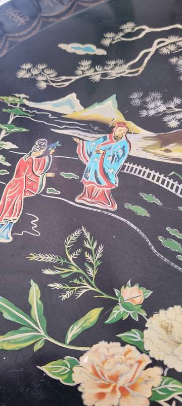 1960s Retro Large Handpainted Serving Black Enamel Japanese Design English Cathay Baret Ware