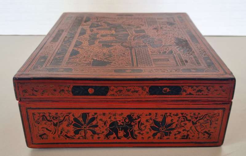 Burmese Lacquer Box with Incised Decoration of Elephants and Figures