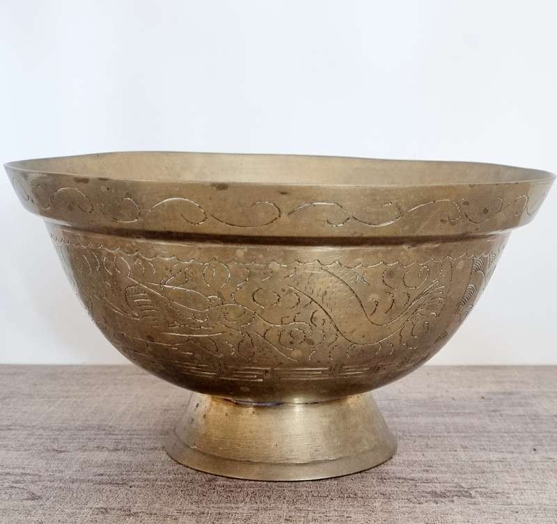Chinese Brass Pedestal Bowl with Dragon and Phoenix Engravings, Makers Stamped
