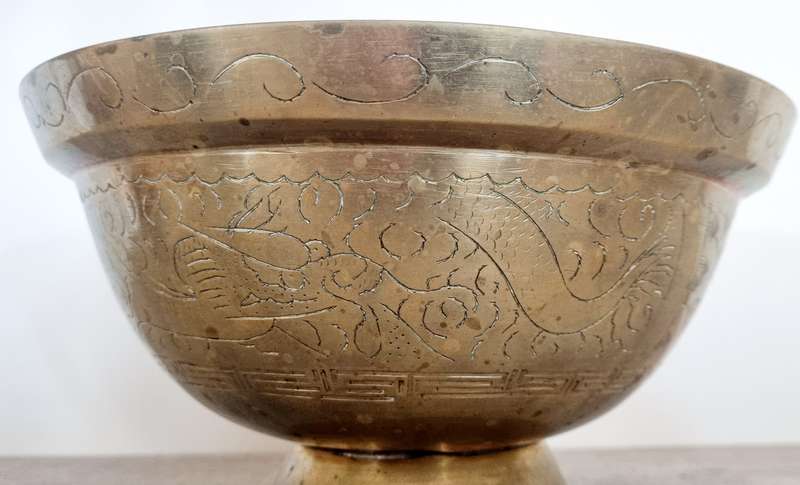 Chinese Brass Pedestal Bowl with Dragon and Phoenix Engravings, Makers Stamped