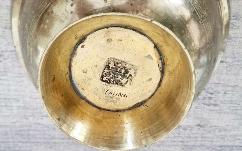 Chinese Brass Pedestal Bowl with Dragon and Phoenix Engravings, Makers Stamped