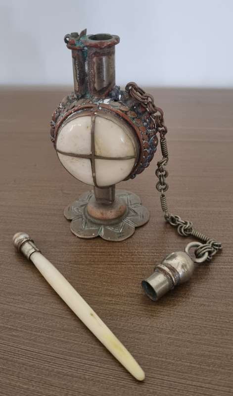 Antique Snuff/Perfume Bone Brass and Silver Bottle