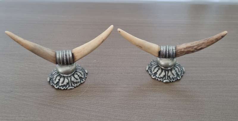 PAIR OF Antique Silver Taxidermy Tooth or Horn Knife Rests, Victorian Era
