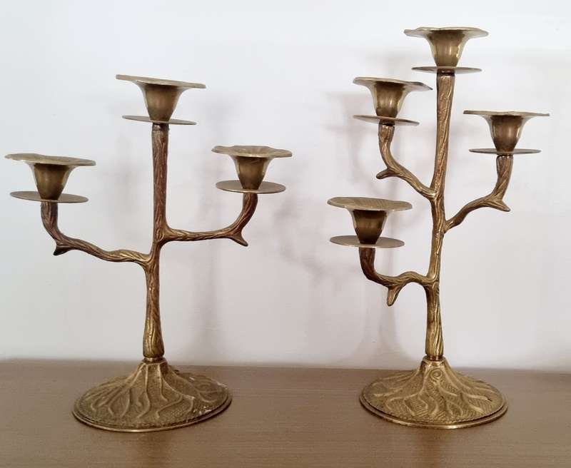Pair of Unique Botanical, Tree and Flowers Brass Candlesticks/Holders Candelabra