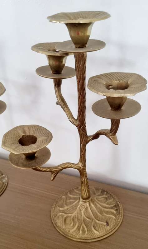Pair of Unique Botanical, Tree and Flowers Brass Candlesticks/Holders Candelabra