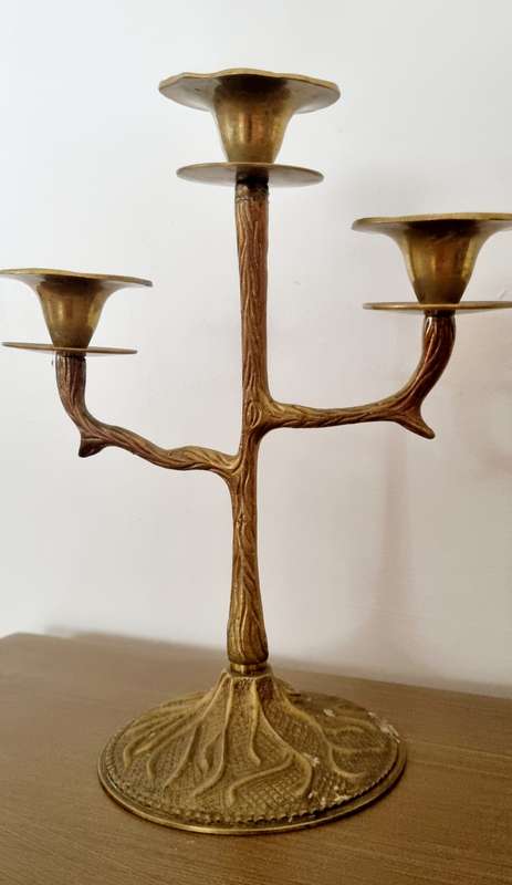Pair of Unique Botanical, Tree and Flowers Brass Candlesticks/Holders Candelabra