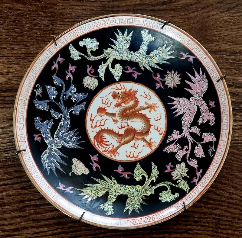 Chinese Handpainted black bowl with red dragon and differen colour Phoenix (Stamped)