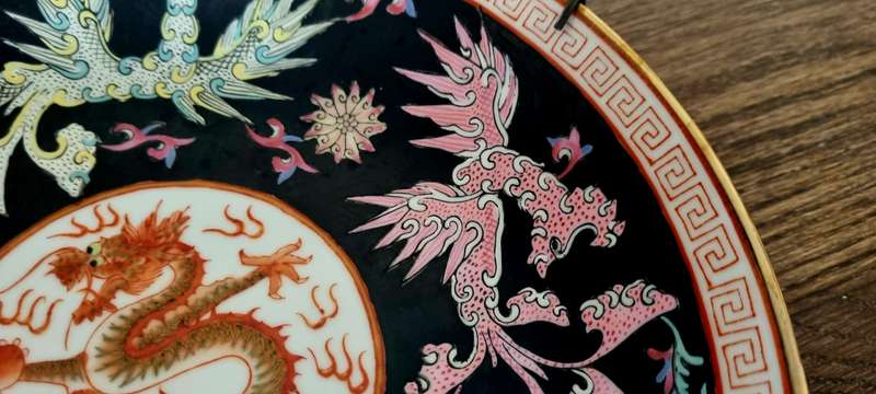 Chinese Handpainted black bowl with red dragon and differen colour Phoenix (Stamped)