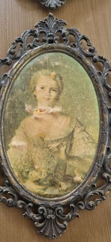 Beautiful Italian Solid Brass Framed Oval Silk Pictures