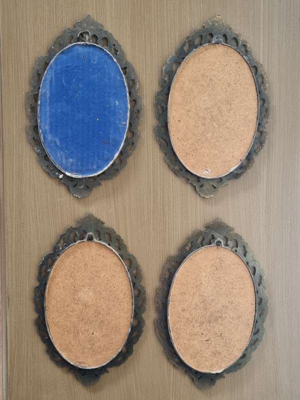 Beautiful Italian Solid Brass Framed Oval Silk Pictures