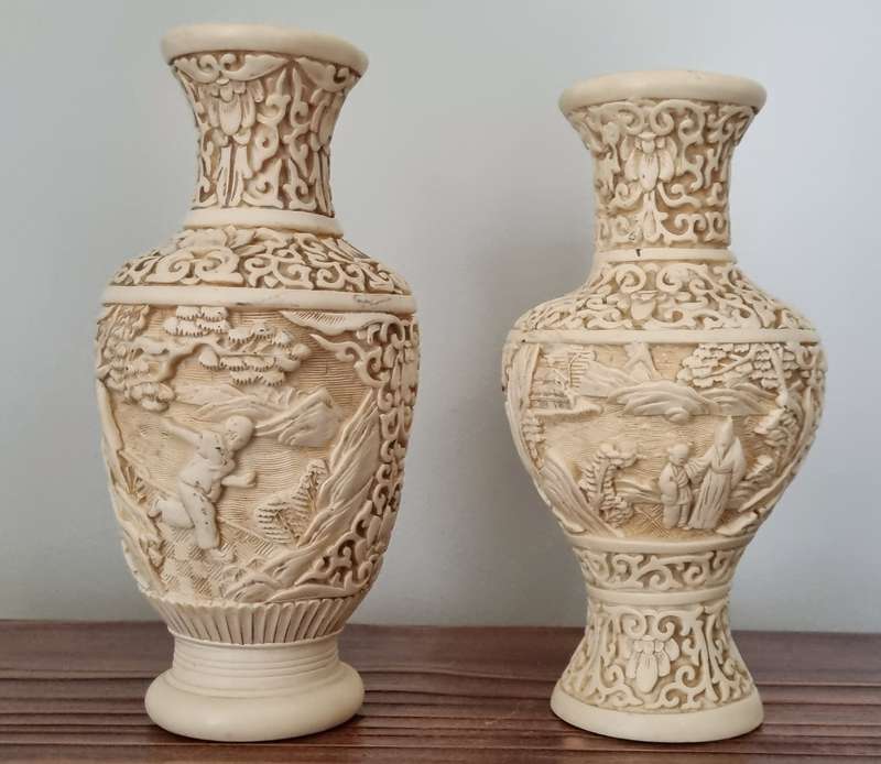 Pair of Chinese White Cinnabar Craved Vases