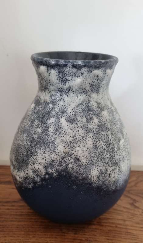 DUMLER AND BREIDEN WEST GERMAN POTTERY VASE, Fat Lava blue and white foamy glazes, circa 1960s