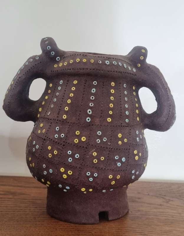 African Tribal Handmade Beaded Pottery vessel