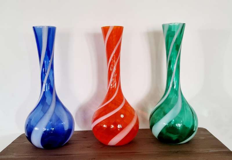 Collection of Green, Blue and Red Italian Italy Glass Long LARGE Bottles/Vases (Handblown)