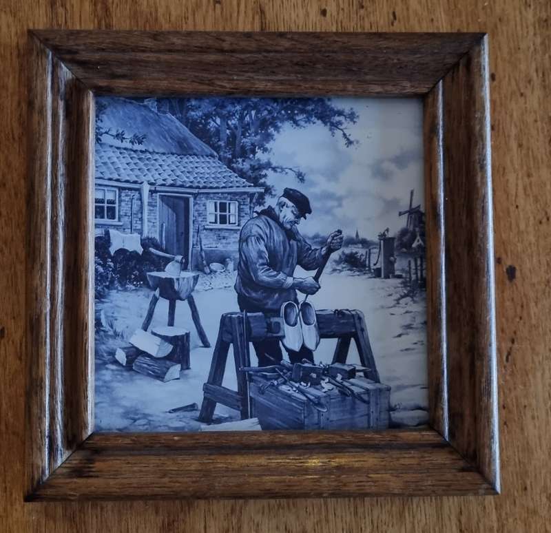 Vintage Mosa Holland Art Tile with wood frame, Delft blue painting by J. C. Van Hunnik