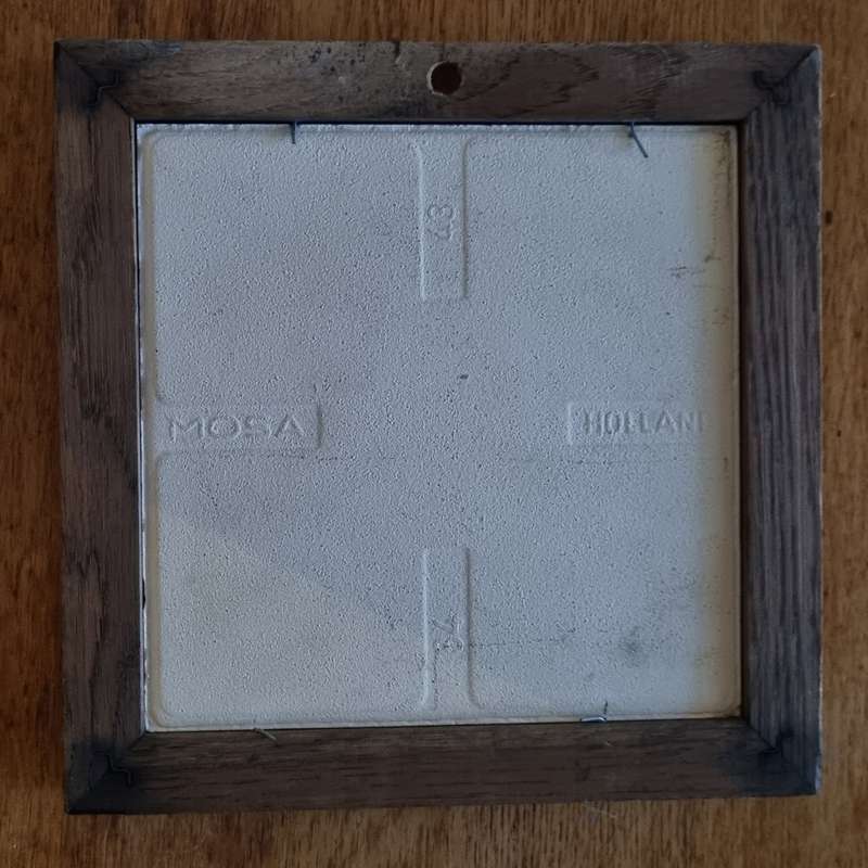 Vintage Mosa Holland Art Tile with wood frame, Delft blue painting by J. C. Van Hunnik